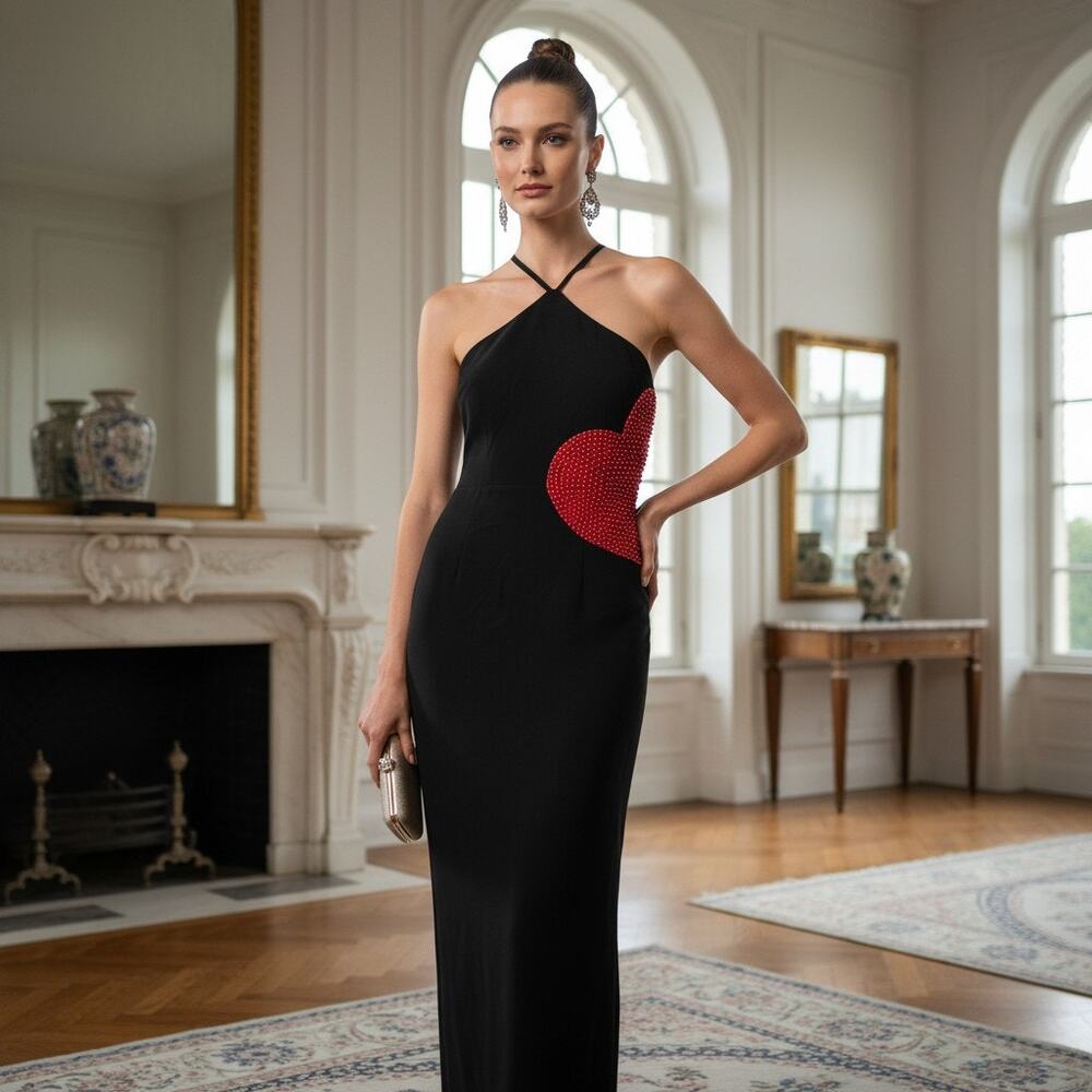 Avec Les Filles Black Halter Dress with Beaded Red Heart – Size 12–New With Tags